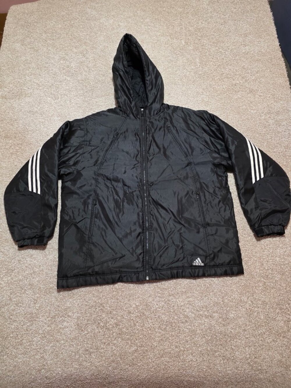 Vintage Adidas Black White Stripe Windbreaker Hooded Nylon Jacket Men’s Size XL